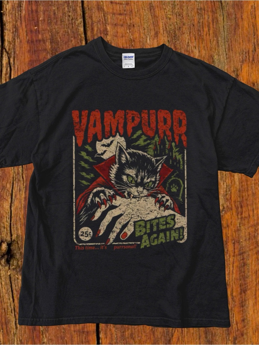 Vampire Cat Graphic Tee Halloween Shirt Gothic Vintage Spooky Season